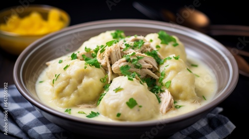 Creamy and comforting chicken and dumplings cooking in an Instant Pot, with fluffy dumplings and tender chicken.