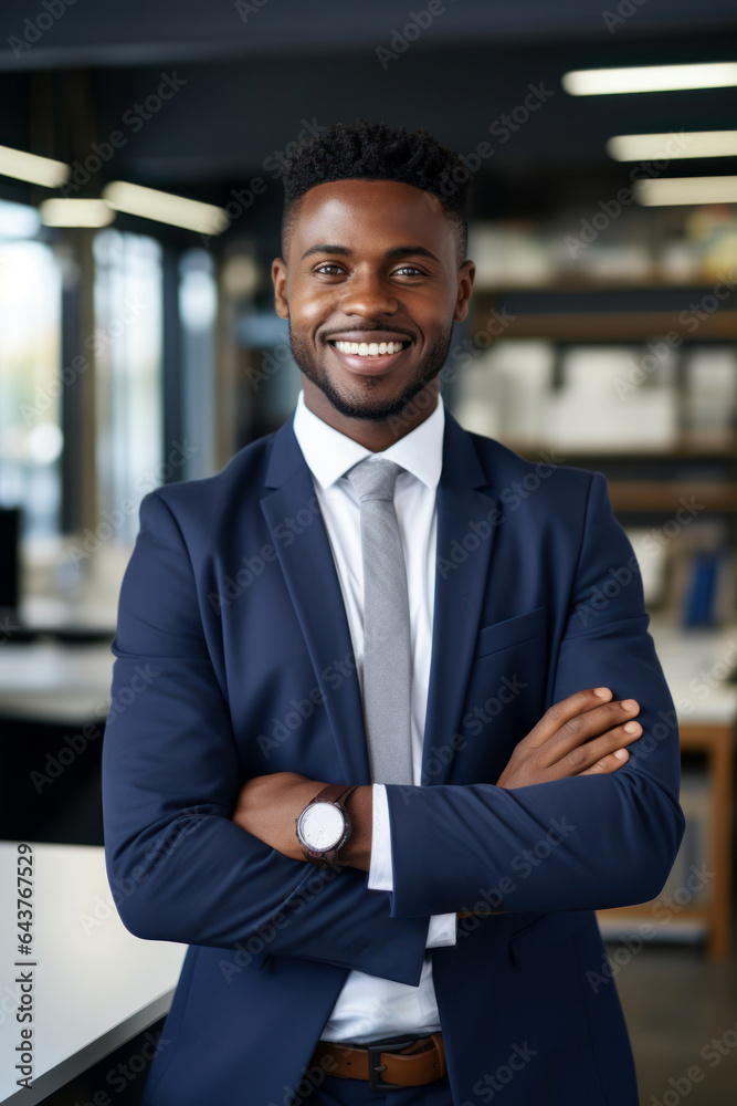 Fototapeta premium Smiling black executive posing with his arms crossed at the office looking at the camera