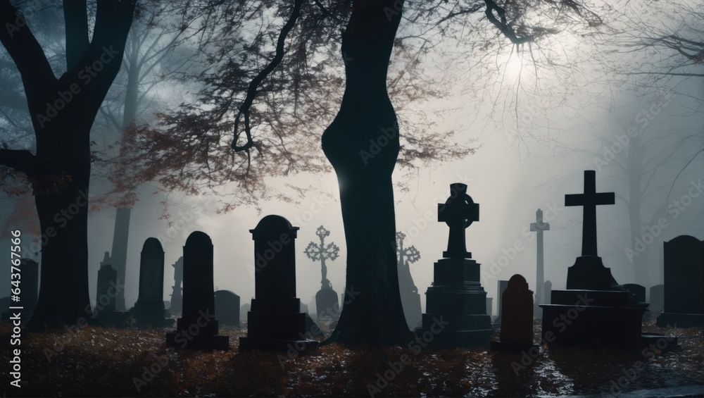 Eerie cemetery scene with a spooky ambiance, excellent for thriller novel covers and mysterious storytelling, evoking suspense..