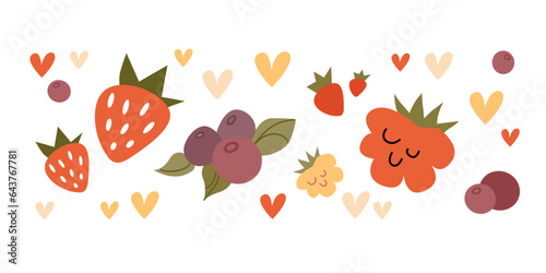 Berries collection stickers flat. Hand drawn vector set. Fruit botany illustration. Forest Strawberry and raspberry isolated on white background.