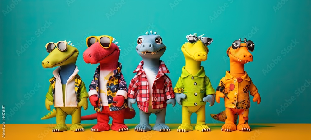Fototapeta premium Five toy dinosaurs with colorful clothes and dark glasses, on a yellow background
