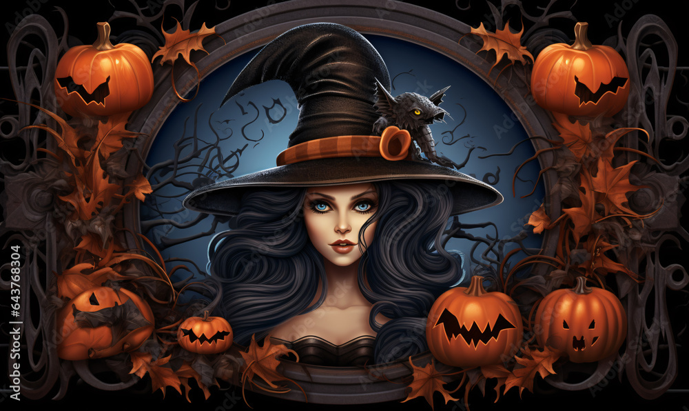 Decorative Halloween frame with a witch in the middle and several orange pumpkins. Generative Ai
