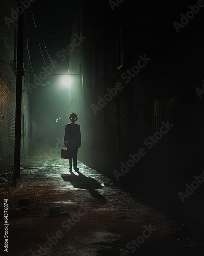 A man with a monstrous face, wearing a suit and holding a suitcase, standing in a foggy, dark alley.