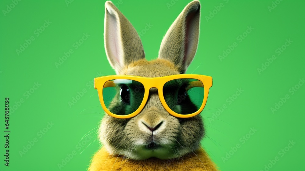 Close-up of a rabbit with yellow sunglasses on a green background
