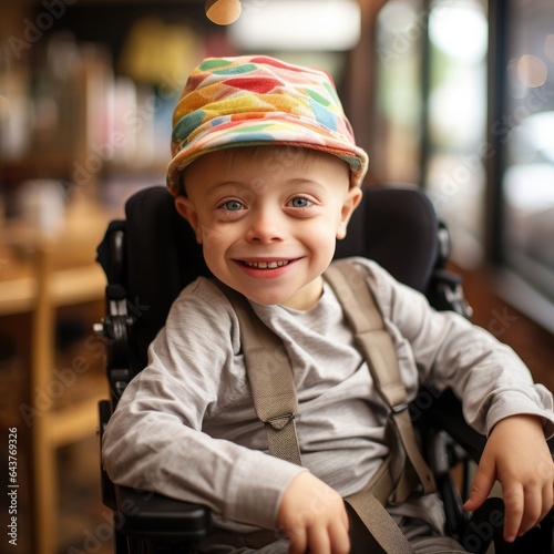 Portrait of a laughing disabled boy in a wheelchair in his room by the window.