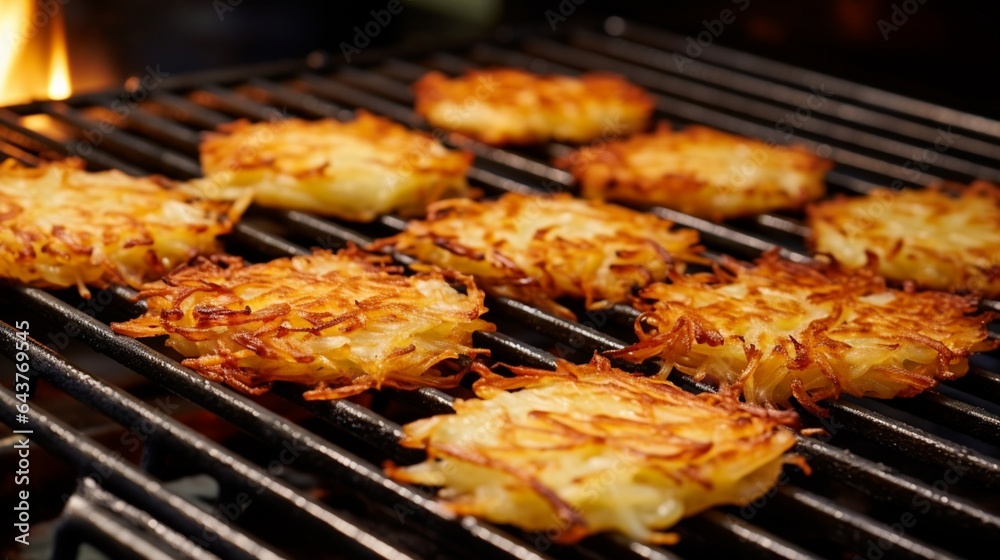 Golden brown and crispy hash browns cooking to perfection on a well-seasoned griddle.