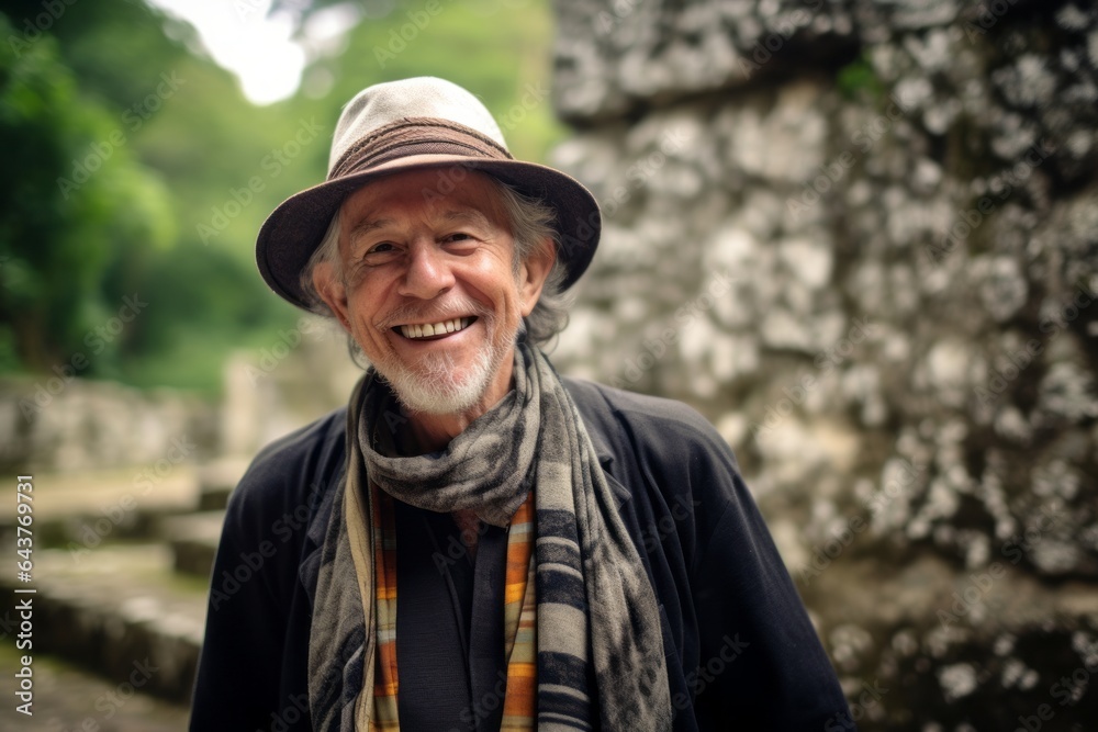 Medium shot portrait photography of a joyful mature man wearing a stylish beret at the tikal national park in peten guatemala. With generative AI technology Medium shot portrait photography of a joyful mature man wearing a stylish beret at the tikal national park in peten guatemala. With generative AI technology