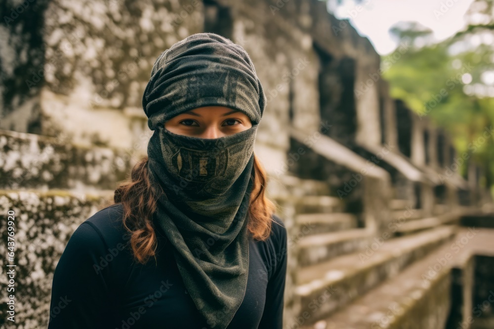 Lifestyle portrait photography of a grinning girl in her 20s wearing a functional balaclava at the tikal national park in peten guatemala. With generative AI technology Lifestyle portrait photography of a grinning girl in her 20s wearing a functional balaclava at the tikal national park in peten guatemala. With generative AI technology