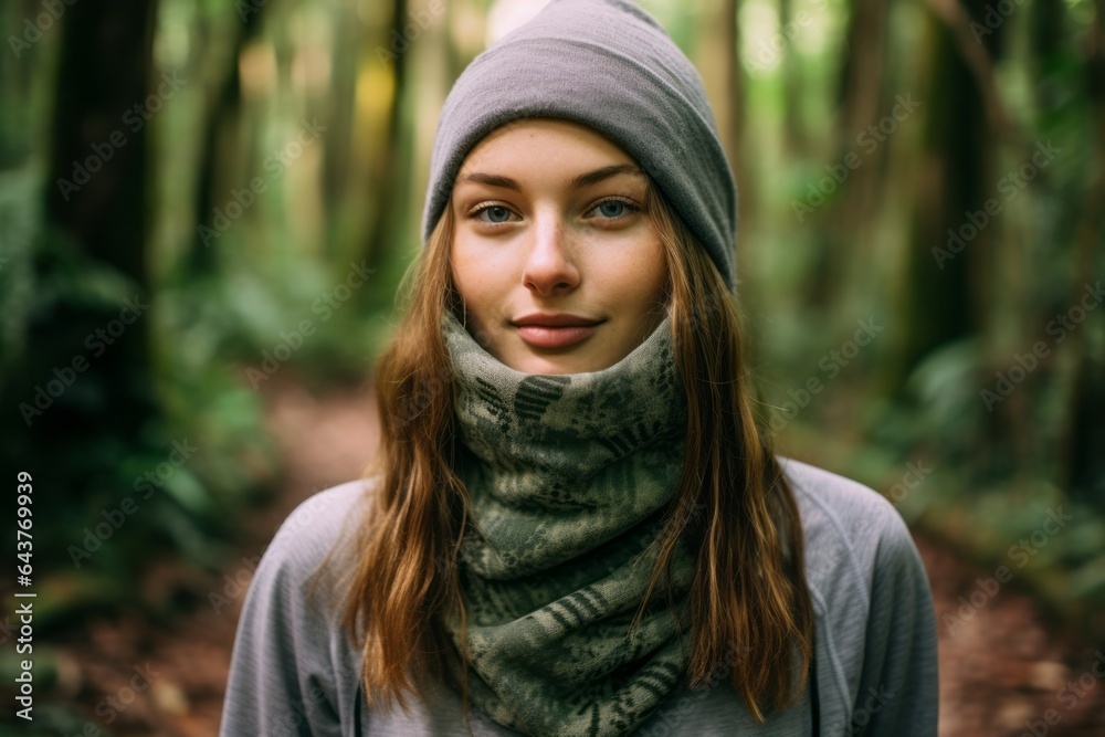 Lifestyle portrait photography of a jovial girl in her 20s wearing a protective neck gaiter at the tikal national park in peten guatemala. With generative AI technology Lifestyle portrait photography of a jovial girl in her 20s wearing a protective neck gaiter at the tikal national park in peten guatemala. With generative AI technology