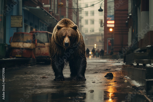 Brown bear strolling along residential street in urban area. Created with Generative AI technology.