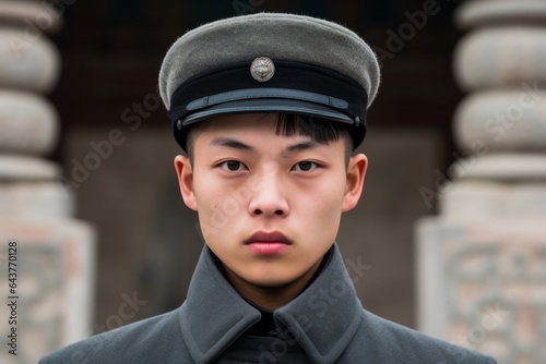 Headshot portrait photography of a glad boy in his 20s wearing a stylish beret at the mausoleum of the first qin emperor in xian china. With generative AI technology