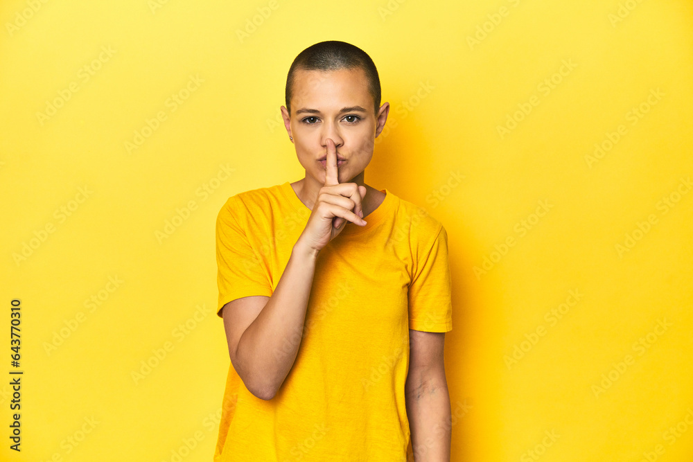 Young woman in yellow tee, yellow studio backdrop keeping a secret or asking for silence. Young woman in yellow tee, yellow studio backdrop keeping a secret or asking for silence.