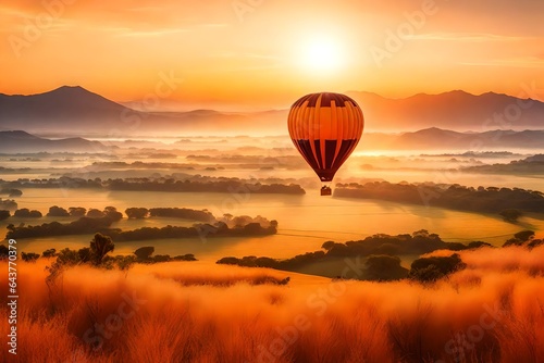 A hot air balloon gracefully takes to the sky against the backdrop of a breathtaking sunrise © SardarMuhammad