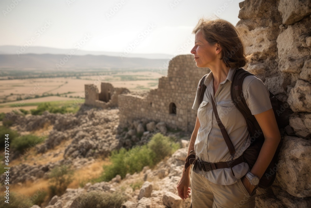 Photography in the style of pensive portraiture of a content mature woman wearing a breathable hiking shirt at the crac des chevaliers in homs governorate syria. With generative AI technology