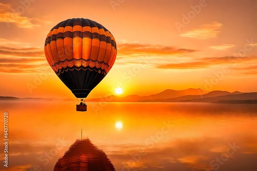 A hot air balloon gracefully takes to the sky against the backdrop of a breathtaking sunrise