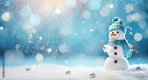 Beautiful Winter Christmas Background with Snowman and Bokeh Lights. Calm Blue and Copy-Space for Merry Christmas Card and Celebration Wishes