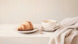  a painting of a cup of coffee and a croissant.  generative ai