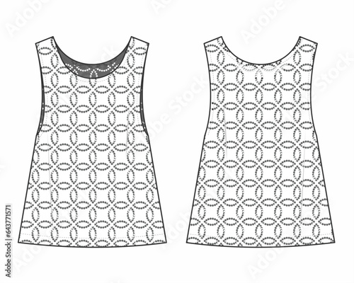 flat technical sketch drawing template tank top with lace fashion details. vintage lace cotton design vector illustration. lace fashion CAD mock up design for clothing, garments, apparel.