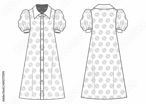 flat technical sketch drawing template dress with lace fashion details. vintage lace cotton design vector illustration. lace fashion CAD mock up design for clothing, garments, apparel.