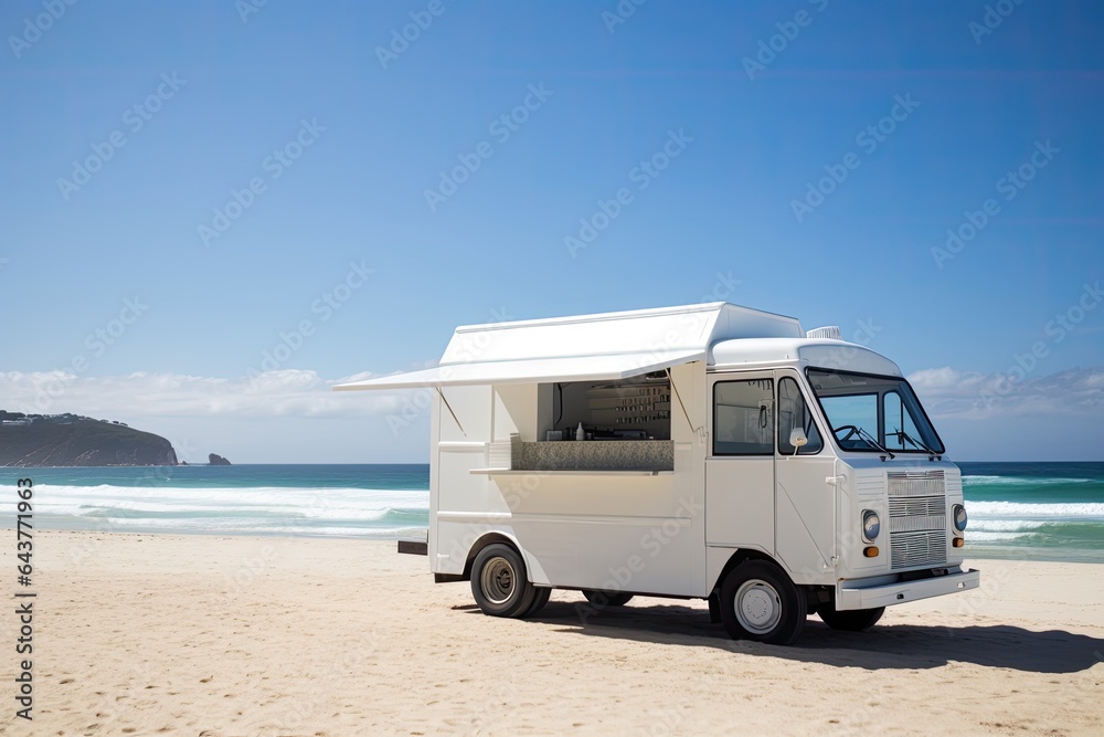 Charming seaside cafe on wheels, offering delicious food and drinks with a vintage beachside vibe. Charming seaside cafe on wheels, offering delicious food and drinks with a vintage beachside vibe.