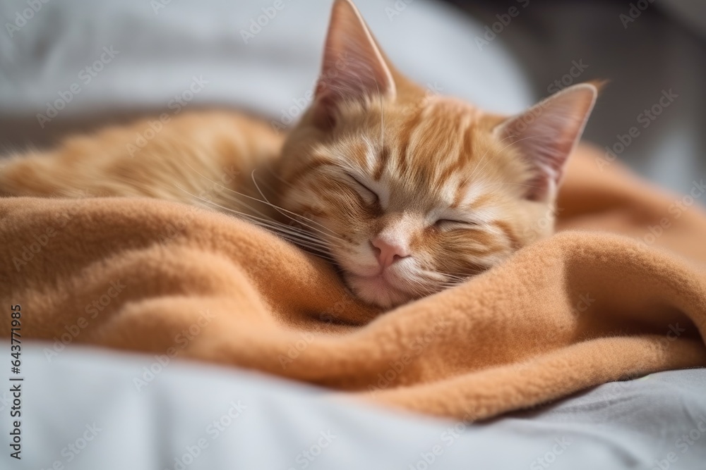 A cute ginger kitten sleeps peacefully on a soft, cozy blanket, radiating warmth and adorable charm.
