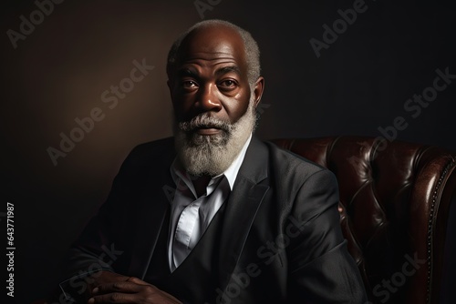 A serious and thoughtful elderly black man with a grey beard in a studio portrait.