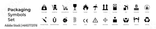 Packaging Symbols Set. Contents Weight, Use Pallet Truck,  Do Not Use Sack Truck, Fragile (glass), Flammable, This Way Up, Do Not Stack, Heavy, Stacking Height, Do Not Drop, Handle With Care Icons.