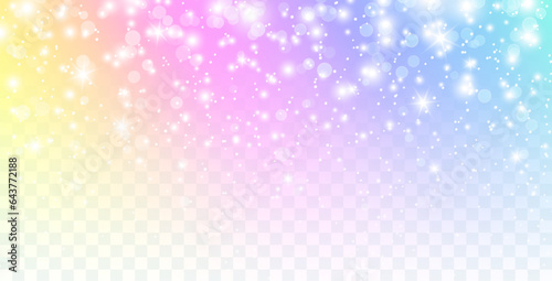 Unicorn gradient isolated on transparent background. Rainbow dream, princess, fantasy or fairy tail overlay texture. Vector magic spectrum border with bokeh light effect, glitter and white stars