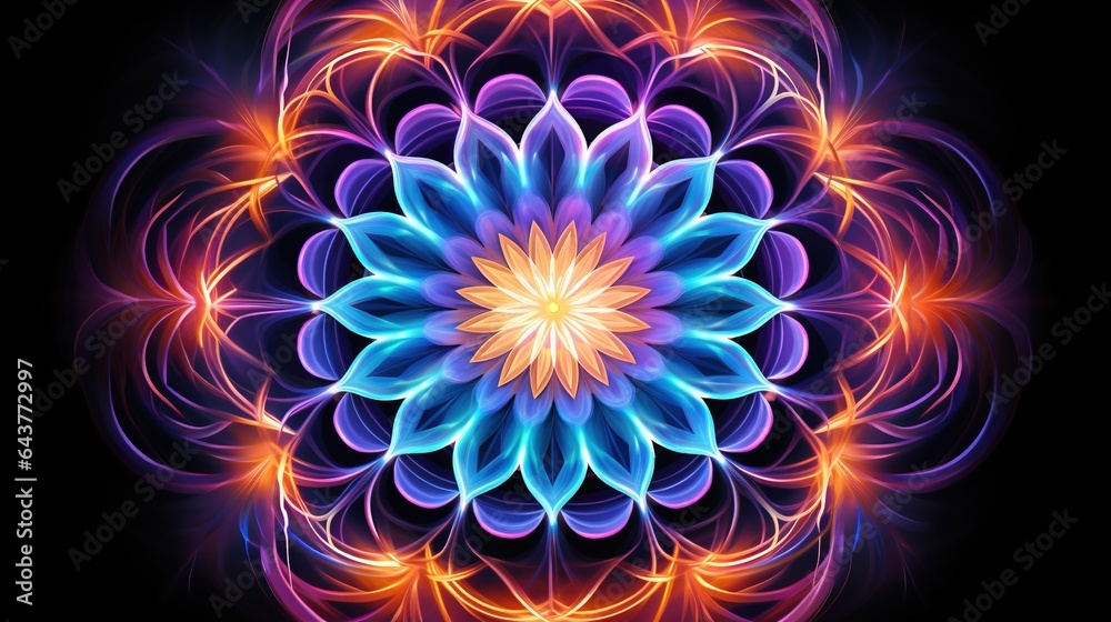 a colorful flower with a black background and a blue center. generative ai a colorful flower with a black background and a blue center. generative ai