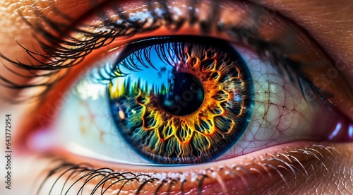 close up of eye, close up of a female eye, colored eye background, female eye background