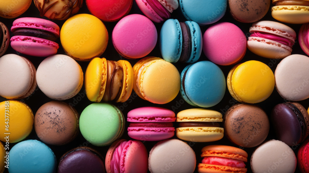 Top view of macarons in soft pastel colors. Colorful almond cookies. Generative AI Top view of macarons in soft pastel colors. Colorful almond cookies. Generative AI