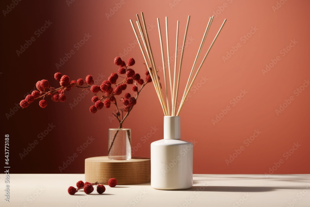 A reed diffuser placed on a table. A simple composition with berries in the background. Generative AI