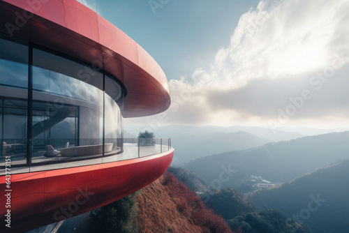 Futuristic cantilever circular arc shaped house in the mountains. Steel fluid geometry Generative AI