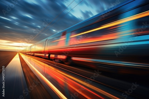 High speed train in motion on railway station at sunset. Generative AI