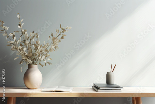 Home office desk in a neutral color palette. A vase, a stack of journals. Simple composition. Generative AI