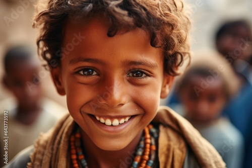 Close-up portrait photography of a happy boy in his 30s wearing a rugged jean vest at the socotra island in yemen. With generative AI technology photo