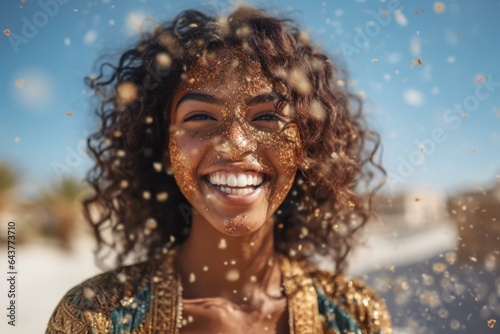 Medium shot portrait photography of a cheerful girl in his 20s wearing a glamorous sequin top at the socotra island in yemen. With generative AI technology