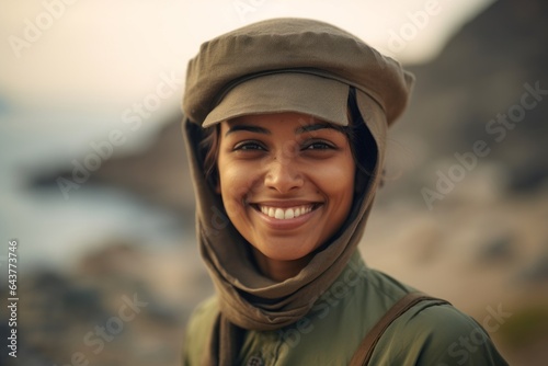 Close-up portrait photography of a happy girl in his 30s wearing a sophisticated pillbox hat at the socotra island in yemen. With generative AI technology © Markus Schröder