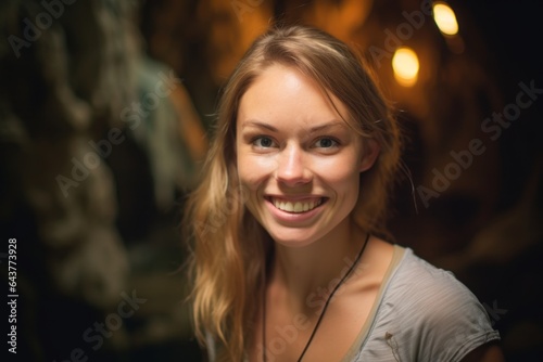 Headshot portrait photography of a grinning girl in his 30s wearing a delicate silk blouse at the waitomo glowworm caves in waikato new zealand. With generative AI technology