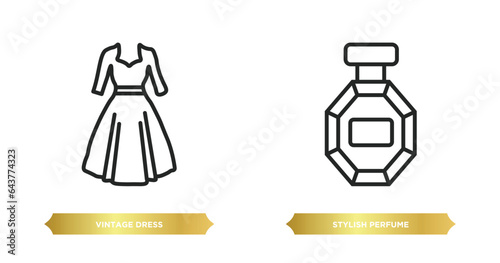 two editable outline icons from woman clothing concept. thin line icons such as vintage dress  stylish perfume bottle vector.