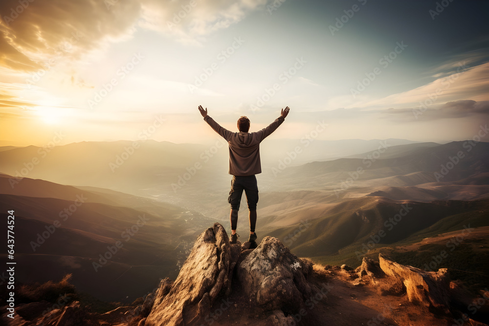 Summit of Joy A Positive Man Celebrating on a Mountain Top, Arms Raised in Triumph