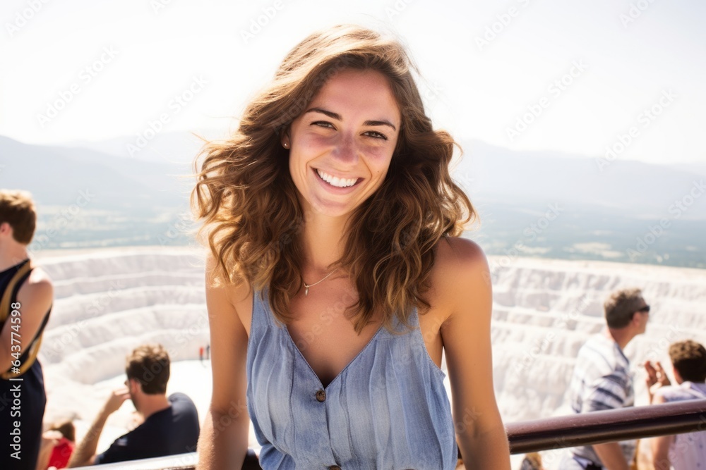 Medium shot portrait photography of a blissful girl in his 30s wearing a fashionable tube top at the pamukkale in denizli turkey. With generative AI technology