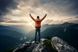 Summit of Joy A Positive Man Celebrating on a Mountain Top, Arms Raised in Triumph