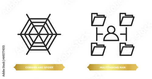 two editable outline icons from web concept. thin line icons such as cobweb and spider, multitasking man vector.
