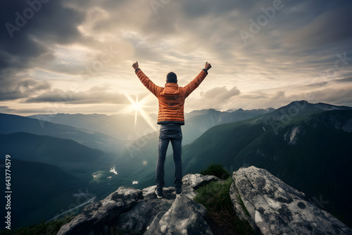 Summit of Joy A Positive Man Celebrating on a Mountain Top  Arms Raised in Triumph