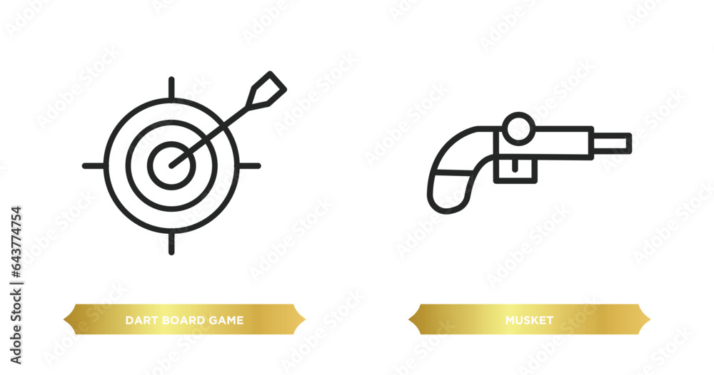 two editable outline icons from weapons concept. thin line icons such as dart board game, musket vector.