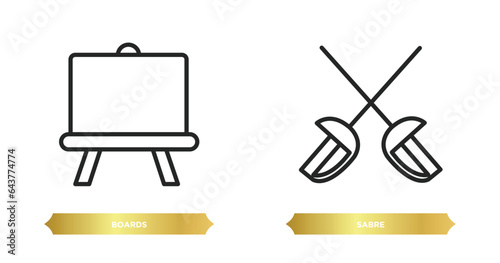 two editable outline icons from weapons concept. thin line icons such as boards, sabre vector.