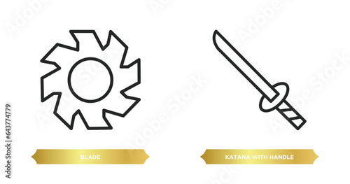 two editable outline icons from weapons concept. thin line icons such as blade, katana with handle vector.
