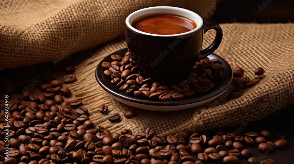 Fototapeta premium Close up of cup of espresso with coffee beans