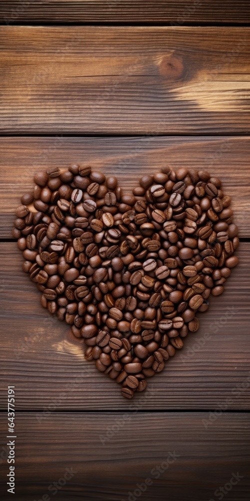 Heart shape from coffee beans on the wooden background. Vertical poster with copy space Heart shape from coffee beans on the wooden background. Vertical poster with copy space